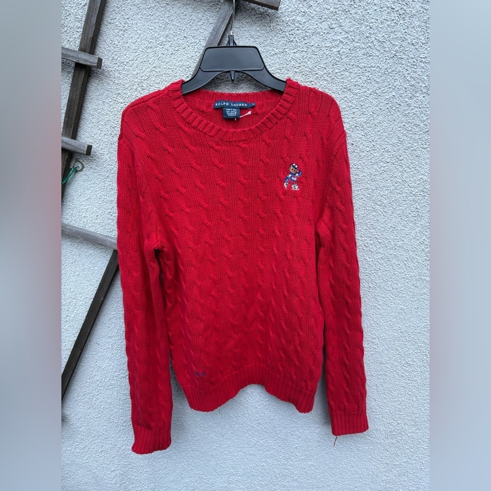 Vintage Ralph Lauren cable knit Teddy Bear Skiing Sweater Red 100% cotton large